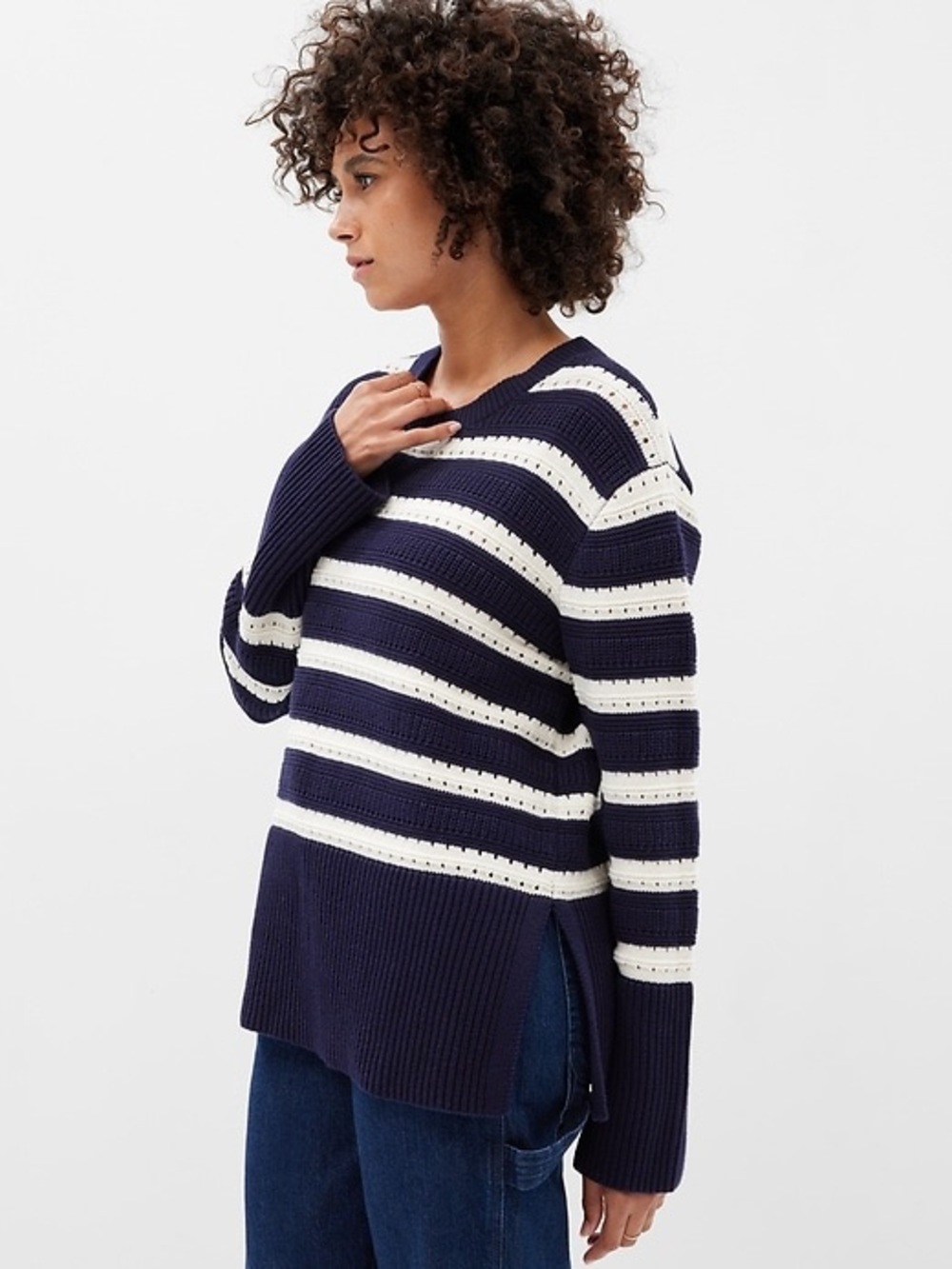 GAP Relaxed Split-Hem Tunic Sweater — Striped Navy & White — Medium
